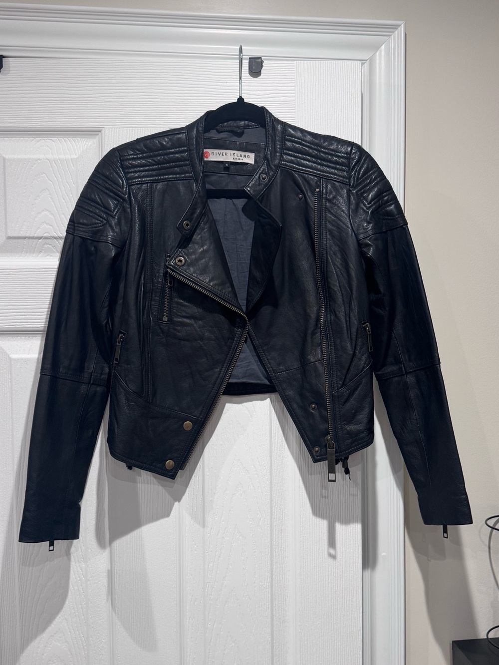 River Island Black Quilted-Shoulder Leather Moto Jacket